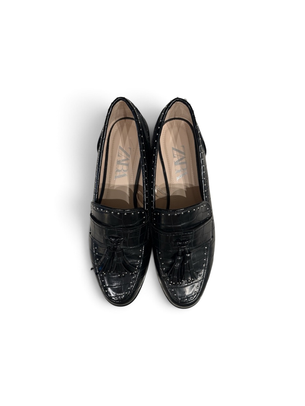 ZARA black patent leather tassel loafers with stud trim | sz 37eu | Brand new - Picture 3 of 4